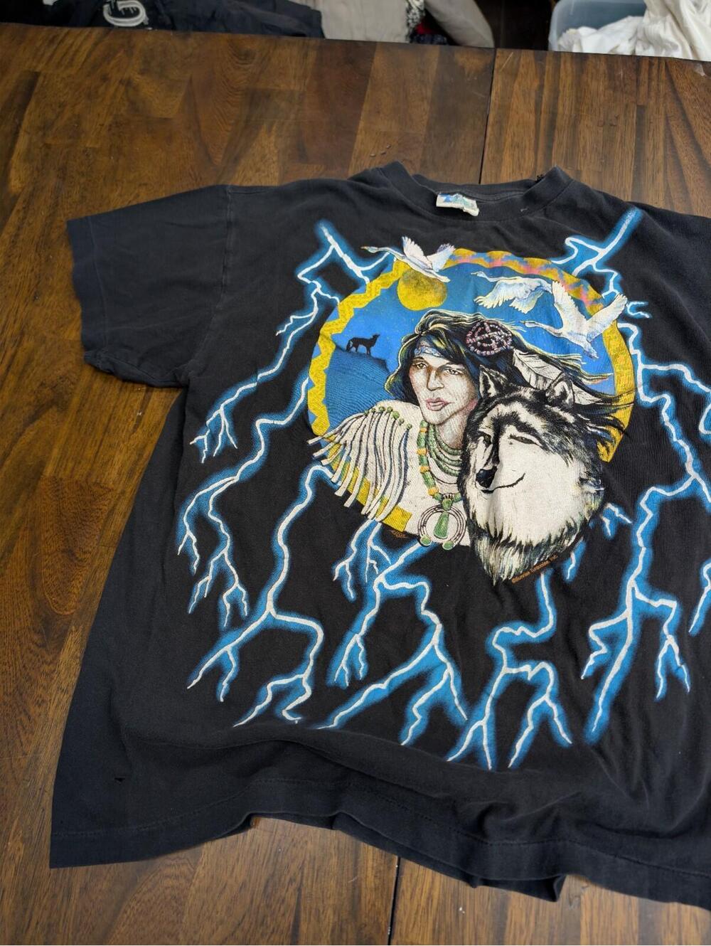 Vtg 90s American Thunder Sunrise Turquoise Wolf Lightning T Shirt XL